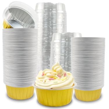 Imagem de 100 peças de copos de alumínio para assar, forros de cupcake de alumínio Ramekin descartáveis IMPOFFI de 142 g, mini formas de bolo com tampas, forros de muffin para cupcake, assar, torta de ovo