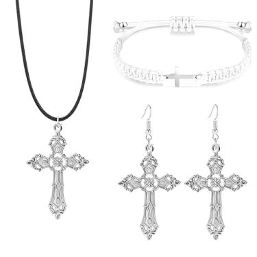 Imagem de Colar gótico em camadas em camadas, brincos para mulheres, brincos góticos, corda trançada ajustável, pulseiras de cruz cristã, acessórios de fantasia, Extra Large, Liga de aço, Sem Pedra Preciosa