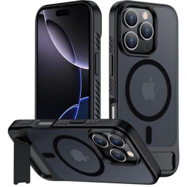 Imagem de hitfine Capa para iPhone 16 Pro com suporte, [compatível com Magsafe] fina, translúcida, fosca, proteção de nível militar e antiamarelamento, capa magnética para iPhone 16 Pro, preta