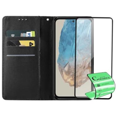 Imagem de Capa Carteira Flip Case para Samsung Galaxy M35 com Película Protetora Cerâmica Premium, Suporte Ajustável, Cobertura total da tela, Preto