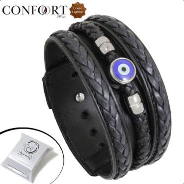 Imagem de Pulseira Ajustável De Couro Preto Masculina Olho Grego Proteção Amulet