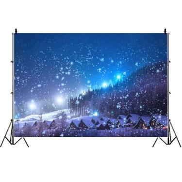 Imagem de Yeele Cenário de vila natalina de 3 x 2 metros, vila de inverno, floresta, cenas noturnas, céu azul, nevando, fotografia de fundo de Natal para decoração de vila de Natal, tema de festa, faixa de