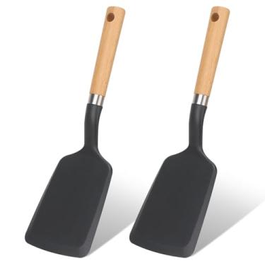 Imagem de Svailse Espátula de silicone, espátulas de panqueca resistentes ao calor para panelas antiaderentes, utensílios de cozinha com cabo de madeira para servir, assar, fritar, ovo, peixe e hambúrguer (2