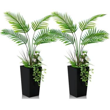 Imagem de Giegxin Pacote com 2 palmeiras artificiais, plantas de aréca tropical sintética de 1,2 m com plantador alto moderno resistente a UV, planta falsa para varanda interna e externa, escritório, sala de