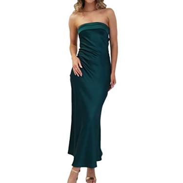 Imagem de Realtix Vestido longo feminino de cetim com costas nuas, costas nuas, vazado, elegante, sem alças, vestido longo para convidada de casamento, Verde escuro, P