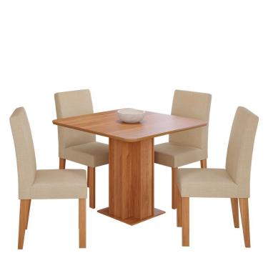 Imagem de Mesa de Jantar Sophia 95x95 com Tampo em MDF e 4 Cadeiras Maia - Cimol Móveis Cinamomo/Linho Gengibre