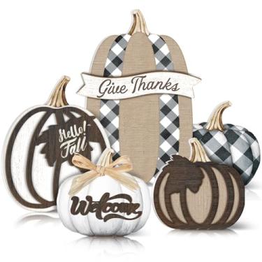 Imagem de GlikCeil 5 peças decorações de outono de ação de graças para casa outono madeira abóbora mesa placas outono abóbora centro mesa outono decoração bandeja em camadas para Ação de Graças (xadrez)