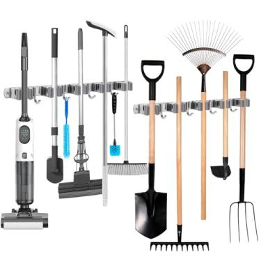 Imagem de UNIFUN Suporte de parede para vassoura, organizador de vassouras, suporte de parede, vassoura e esfregão de aço inoxidável, organização de armazenamento resistente para casa, cozinha, jardim, garagem