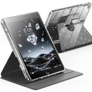 Imagem de INFILAND Capa giratória para iPad 6ª/5ª geração (2018/2017) iPad 9,7 polegadas, iPad Air 2/iPad Air 1, capa giratória 360 com glitter fofo com parte traseira transparente, suporte para lápis (preto)