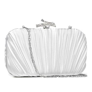 Imagem de Rcheommo Bolsa feminina elegante de cetim plissada, bolsa noturna, alça de corrente, ramo de embreagem para casamento, formatura, Prata, One Size