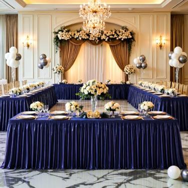 Imagem de Wish Care Saia de mesa de cetim azul marinho de 6,4 m para mesas retangulares, sem rugas, purpurina, toalha de mesa plissada, para casamento, aniversário, chá de bebê, festa, banquete, buffet, bolo