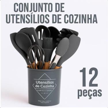 Imagem de Kit 12 Utensílios Cozinha Silicone e Cabo Madeira Econômico Preto - LI