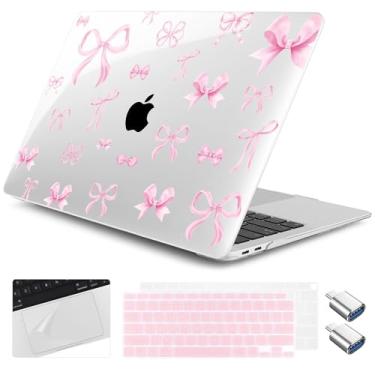Imagem de Yebiseven Capa para MacBook Air de 13 polegadas M1 2021 2020 2019 2018 modelo A2337/A2179/A1932, capa rígida para laptop com capa de teclado e protetor de trackpad e 2 adaptadores OTG, laço rosa