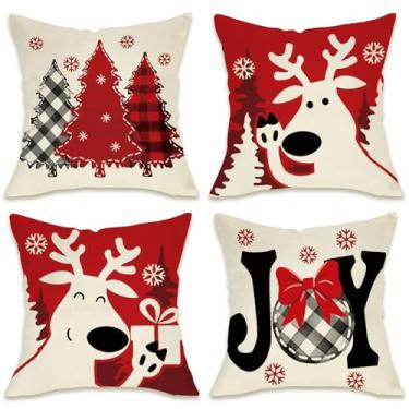 Imagem de Fahrendom Capa de almofada decorativa vermelha de rena de Natal, 45,7 x 45,7 cm, conjunto com 4, árvore de Natal, joia, bola, varanda, pátio, exterior, fronha, xadrez, casa de fazenda, sofá, capa de