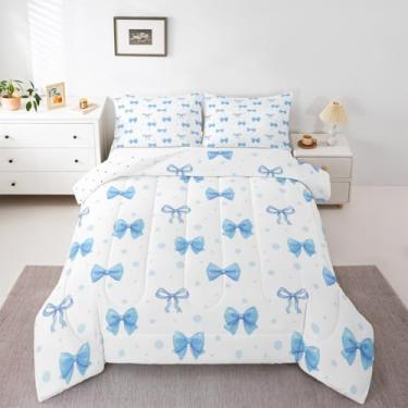 Imagem de Feelyou Conjunto de edredom com laço azul, solteiro, com laço de princesa, para crianças, meninos, meninas, edredom fofo com laço, decoração de quarto, microfibra, 2 peças com 1 fronha