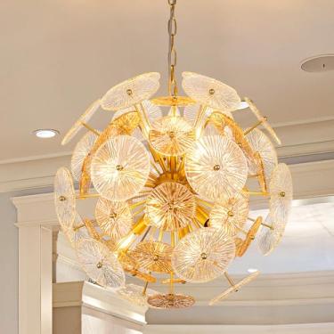 Imagem de TOCHIC Lustre de vidro dourado 61 cm, lustres Sputnik modernos de 12 luzes para sala de jantar, luminária de teto de meados do século para sala de estar, entrada, ilha de cozinha