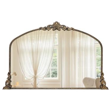 Imagem de Growsun Espelho arqueado preto vintage, 101 x 76 cm, decoração de espelho de parede barroco antigo, espelho ornamentado tradicional com moldura de metal completa para lareira/entrada/sala de estar