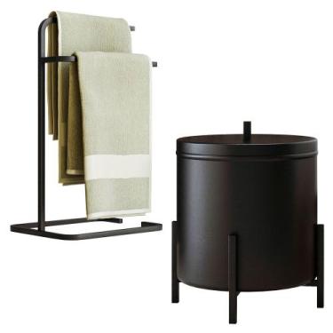 Imagem de Kit Porta Toalha de Rosto e Lixeira de Banheiro 6L Eleganza Metal Pret