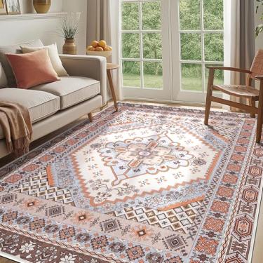 Imagem de Zhangui Tapete de área laranja boho 20 x 25 cm, lavável na máquina com suporte antiderrapante, tapete macio grande para área neutra para quarto e berçário, tapete vintage para sala de estar