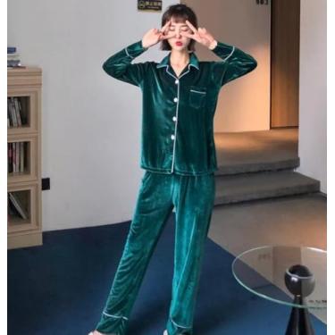 Imagem de Pijama Feminino De Inverno - Pijama De Veludo Dourado De Inverno Terno De 2 Peças Moda Veludo Calças De Manga Comprida Sexy Autocultivo Serviço Doméstico Lapela Ret, Black, XXL