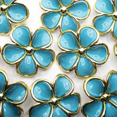 Imagem de Aplique Botão Flor Resina Azul com Dourado 5 Pétalas 48mm 30pçs 168g -