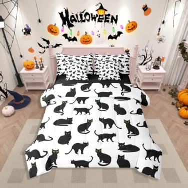 Imagem de Erosebridal Conjunto de cama infantil casal de gatos pretos de 7 peças, cama temática de Halloween em uma bolsa, conjunto de cama adorável de gatinho inclui edredom, conjunto de lençol, fronhas e