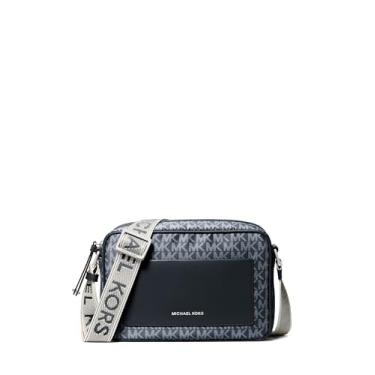 Imagem de Michael Kors Bolsa transversal com alça grande Jet Set, Ferragens prateadas/tonal Mk Signature Nylon com logotipo Mk Webbing/Admiral/azul claro, 9.5"W x 6.5"H x 3, Bolsa transversal com alça grande