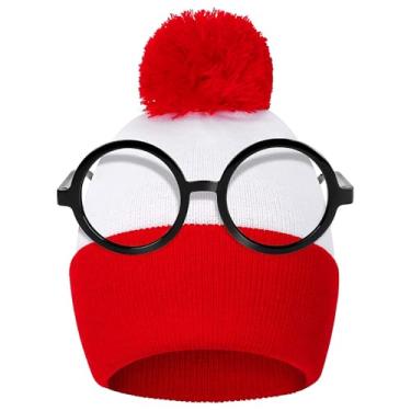 Imagem de Aneco Gorro infantil de pompom vermelho e branco com fantasia de feiticeiro nerd sem lentes