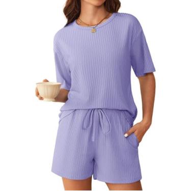 Imagem de Conjunto de pijama Ekouaer Ribbed Knit Lounge, lilás, shorts femininos