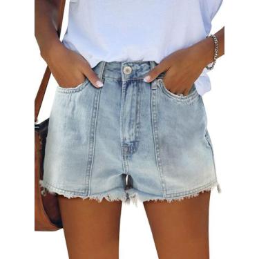 Imagem de Apenas shorts jeans com corte folhado e cintura alta para mulheres, az