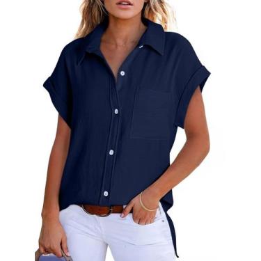 Imagem de Camisas femininas elegantes, casuais, de manga curta, de gaze com botõ