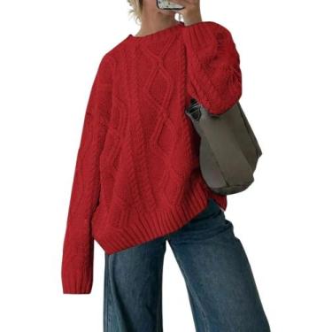 Imagem de Suéter ZAFUL Cable Knit para mulheres com gola redonda, vermelho, tama