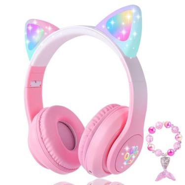 Imagem de Fones de ouvido KORABA Cat Ear Kids Bluetooth LED rosa claro