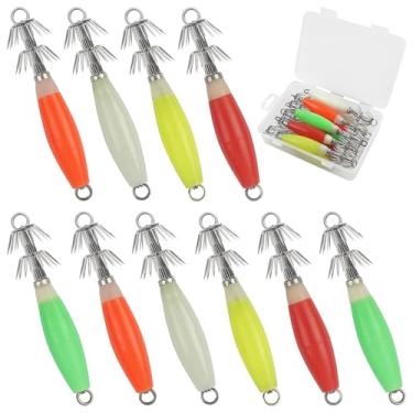 Imagem de 10 peças de ganchos luminosos para lulas, manga de choco fluorescente, iscas de polvo, iscas de pesca que brilham no escuro, iscas noturnas, iscas de água doce/salgada com caixa de equipamentos
