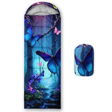 Imagem de AILONEN Sacos de dormir borboleta azul, leves e à prova d'água, clima quente e frio para 3 estações, sacos de dormir com flores da floresta de fadas para crianças, meninas, adultos, viagens