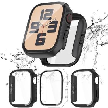 Imagem de Kedoushi Pacote com 3 capas à prova d'água para Apple Watch Series 9 8 7 45 mm com protetor de tela de vidro temperado, capa protetora de policarbonato rígido para iWatch 45 mm preto/preto