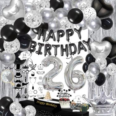 Imagem de QYIMMIO Kit De Decoração Aniversário 26 Anos, Faixa Feliz Número 26, Balões, Franjas, Cortina Pendurada, Toalha Mesa, Acessórios Para Fotos, Coroa E Festa