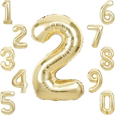 Imagem de Balão dourado champanhe número 2 para decorações de 2º aniversário, 101,6 cm, ouro claro, 2 balões de alumínio, dois balões para decoração de festa de segundo aniversário para meninas, meninos