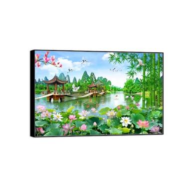 Imagem de Impressão em tela de paisagem - imagem moderna de arte de parede da natureza - ponte de lótus do lago - pôster moldura preta para decoração de casa de banho 50 x 75 cm 20 x 30 pol