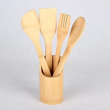 Imagem de Kit 5 Utensílios de Cozinha em Bambu com Cepo Organizador – Colher, Colher com Bico, Espátula e Garfo