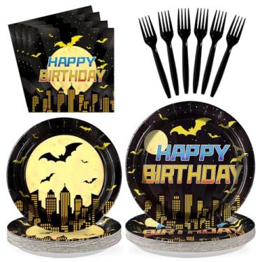 Imagem de 96 peças de decorações de aniversário com tema de morcego amarelo preto morcego aniversário sobremesa pratos e guardanapos conjunto de utensílios de mesa desenhos animados heróis decorações para