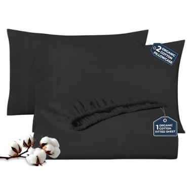 Imagem de ROYALE LINENS Lençol de elástico com fronhas - Lençóis King com 2 fronhas - 300 fios 100% algodão orgânico - Serve para colchões de até 45,7 cm de profundidade - Macio e respirável - Preto (sem lençol