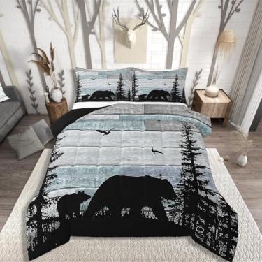 Imagem de Erosebridal Conjunto de cama solteiro com urso de caça, para meninos, cabana de fazenda rústica, para crianças, adolescentes, adultos, mulheres, homens, conjunto de edredom com estampa de floresta