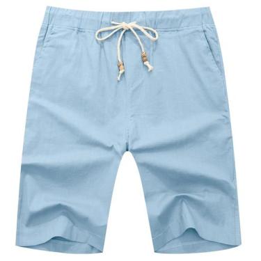 Imagem de Shorts HORSSLE masculinos de linho casual com cintura elástica azul ce
