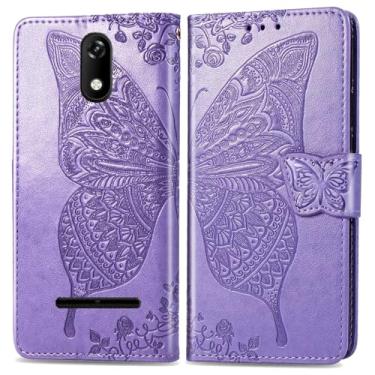 Imagem de DAMONDY Capa flip para Ans Artia Sp555D, flores em relevo borboleta couro PU capa flip magnética suporte porta-cartões alça de mão carteira capa para Ans P550 - roxo claro