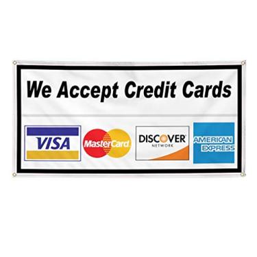 Imagem de Banner de vinil Vários tamanhos Aceitamos cartões de crédito restaurante café bar B negócios ao ar livre à prova de intempéries placas de quintal industrial vermelho 4 ilhós 61 x 122 cm