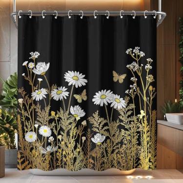 Imagem de Kanuyee Conjunto de cortina de chuveiro Daisy Field, decoração de banheiro repelente à água com ganchos de plástico, decoração de casa floral elegante e conto de borboletas 182 x 182 cm.