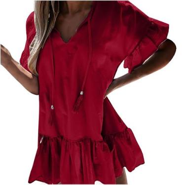 Imagem de Vestido plissado feminino cor sólida manga curta com decote em v drape