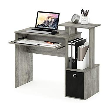 Imagem de Furinno Mesa ECON, mesa de jogos com bandeja de teclado, mesa de computador, mesa de escritório com prateleiras laterais e caixa de armazenamento para escritório em casa, carvalho cinza
