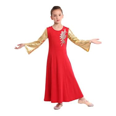 Imagem de HIHCBF Vestido de dança litúrgico para meninas, dourado, metálico, manga comprida, aplique, roupa de dança, adoração lírica, roupão vermelho, 4-5 anos